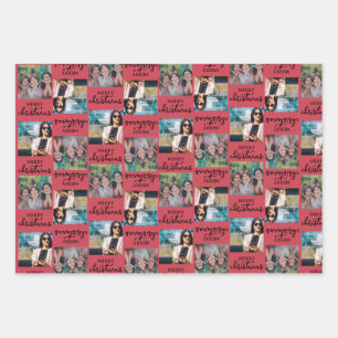 Custom Two Square Photo Christmas Red Green Wrapping Paper Sheet