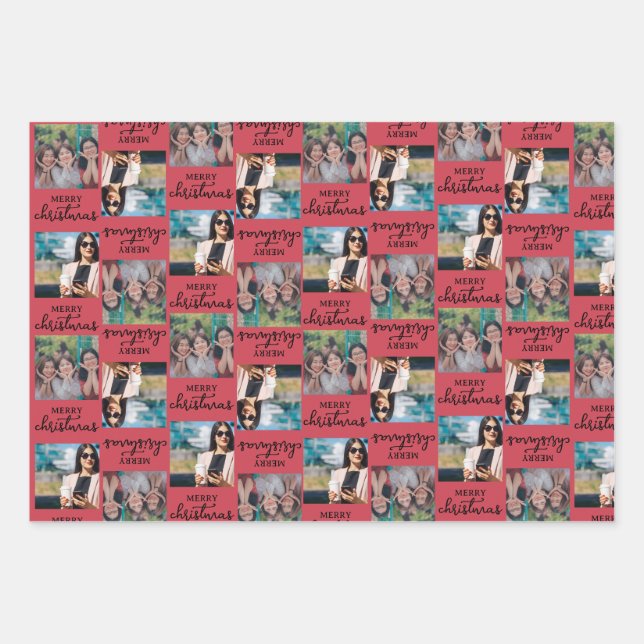 Custom Two Square Photo Christmas Red Green  Wrapping Paper Sheet (Front)