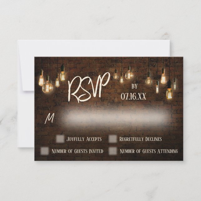 Custom Typography Industrial Bricks, Edison Lights RSVP Card (Front)