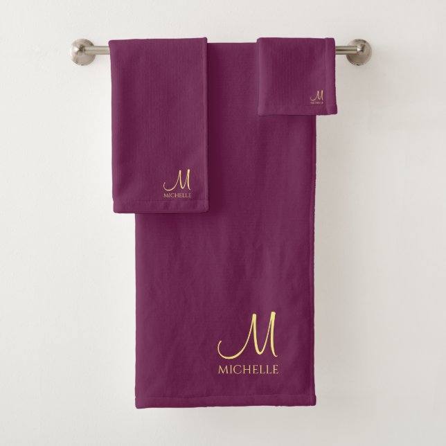 Custom Typography Monogram Name Bordeaux & Gold Bath Towel Set (Insitu)