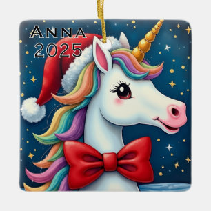 Custom Unicorn Red Bow Ceramic Ornament