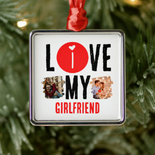 Custom Unique 2 photo Collage I Love My Girlfriend Metal Tree Decoration