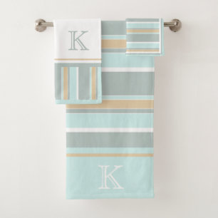 Custom Unique Seafoam Green White Tan Stripe Art Bath Towel Set