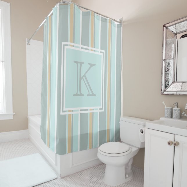 Custom Unique Seafoam Green White Tan Stripe Art Shower Curtain (In Situ)