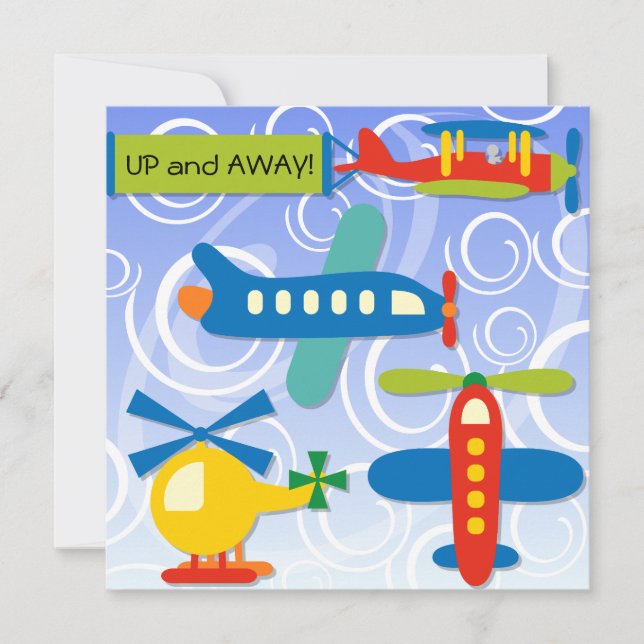 Custom Up and Away Aeroplane Birthday Invites (Front)