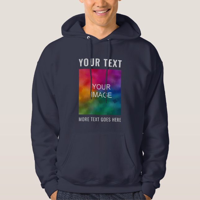 Custom Upload Image Logo Add Text Mens Navy Blue Hoodie (Front)