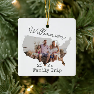 Custom USA Map Outline Vacation Family Photo Ceramic Ornament