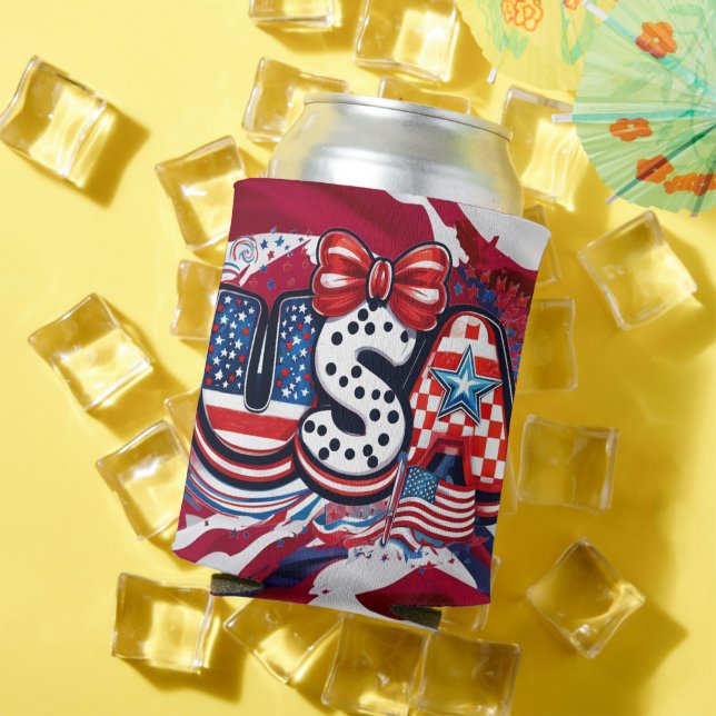 Custom USA Print - Retro Patriotic American Flag Can Cooler (In Situ Summer)