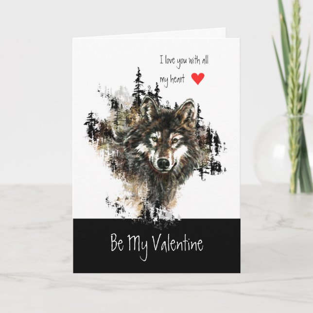 Custom Valentine Love Heart Wolf Animal Nature Art Holiday Card (Front)