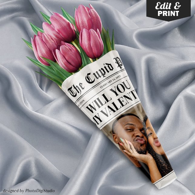 Custom Valentine Newspaper Flower Bouquet Gift  Wrapping Paper Sheet (Valentines Day Newspaper Template, Flower Bouquet Wrap, Will You Be My Valentine Gift )