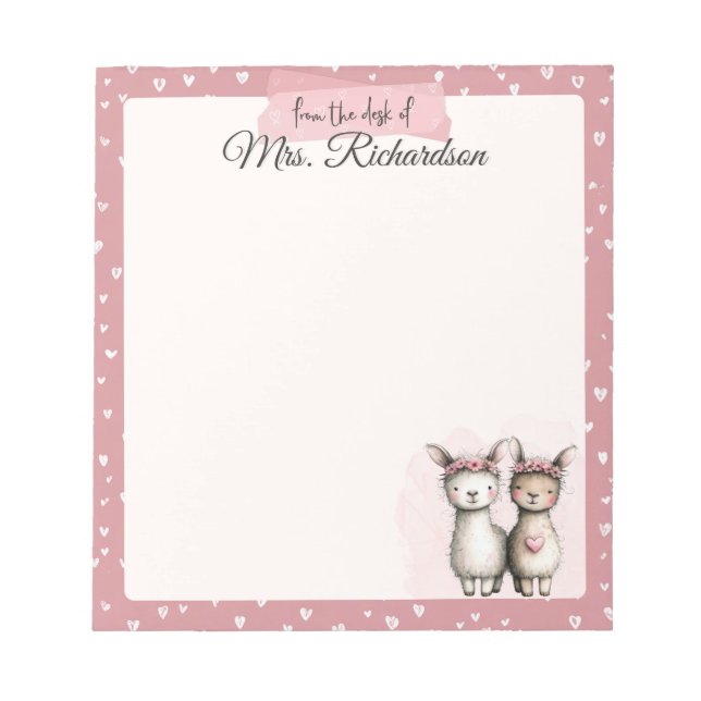 Custom Valentine Notepad Cute Pink Llama & Hearts (Front)