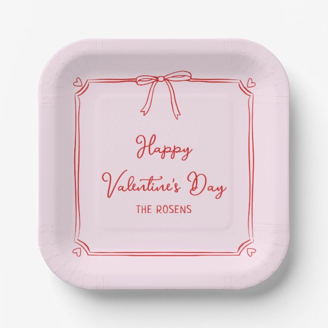 Custom Valentine's Day Party Blush Pink Bow Hearts Paper Plate (Front)