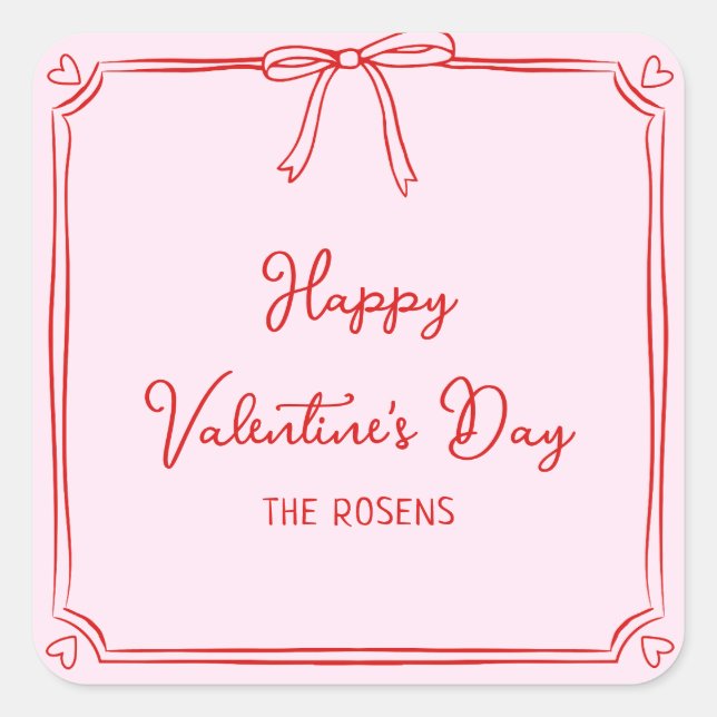 Custom Valentine's Day Party Blush Pink Bow Hearts Square Sticker (Front)