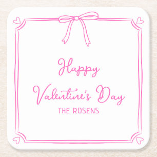 Custom Valentine's Day Party Cute Pink Bow Hearts Square Paper Coaster