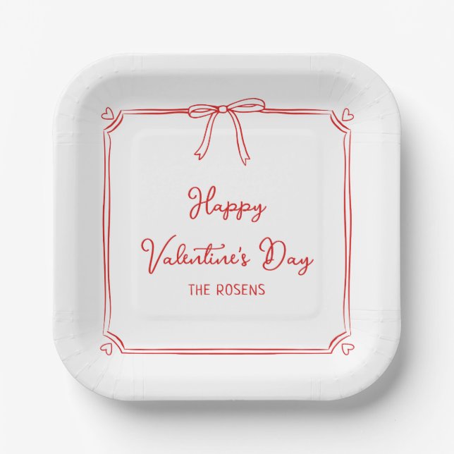 Custom Valentine's Day Party Cute Red Bow Hearts Paper Plate (Front)