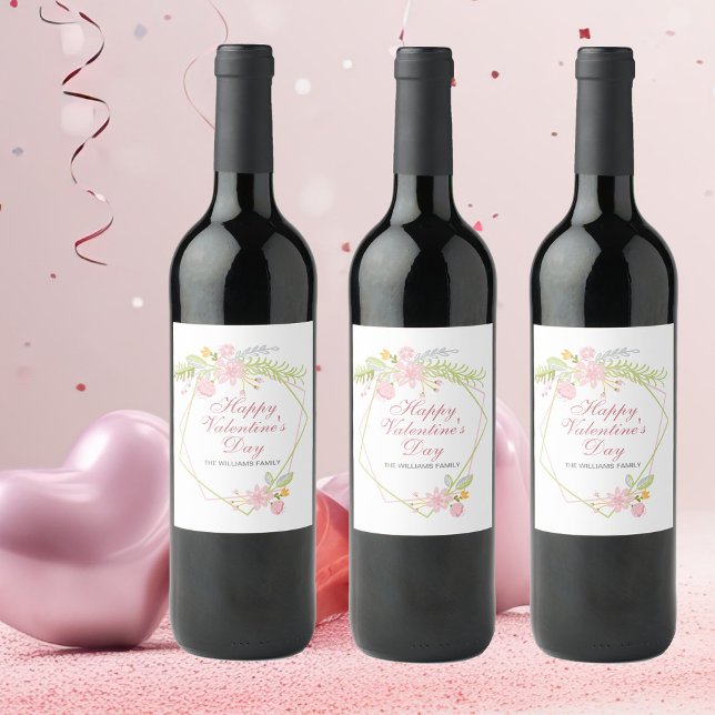 Custom Valentine's Day Pretty Pink Floral Party Wine Label (Creator Uploaded)