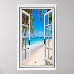 Custom Vertical Beach and Ocean Window View   Poster
