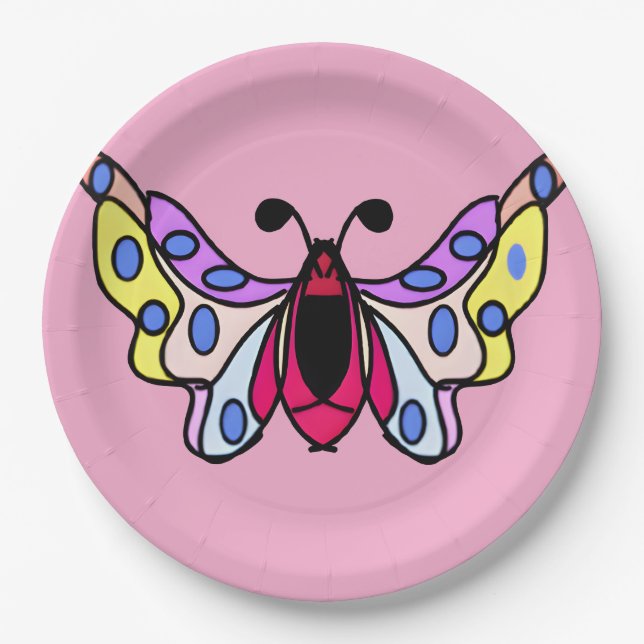 Custom Vibrant Modern Folk Butterfly Art Paper Plate (Front)