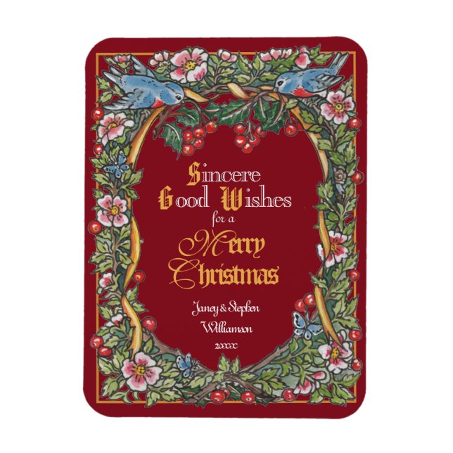 Custom Victorian Christmas Floral Bird Burgundy Magnet (Vertical)