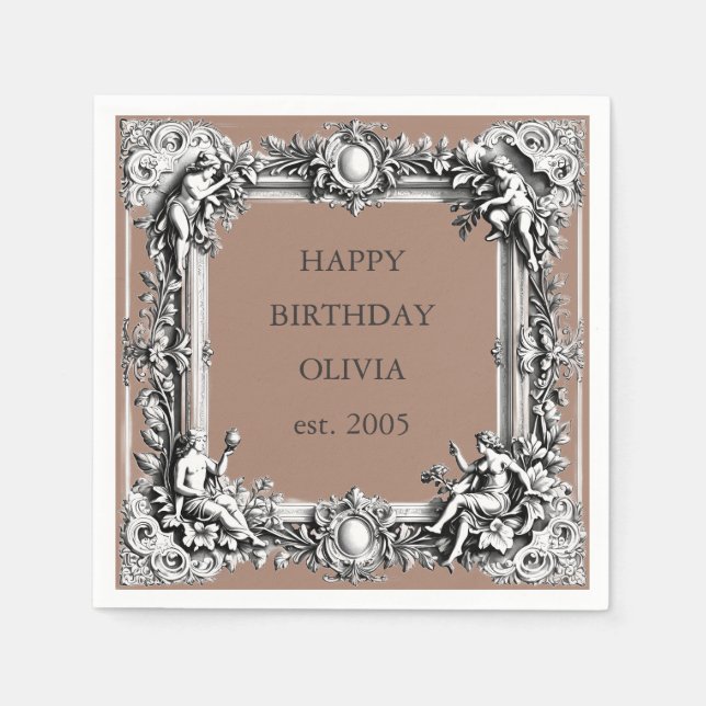 Custom Victorian Scroll Frame – MOCHA brown Napkin (Front)