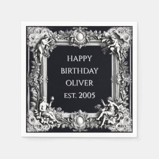Custom Victorian Scroll Frame Napkin – black