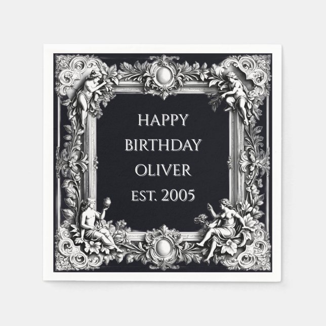 Custom Victorian Scroll Frame Napkin – black (Front)