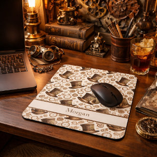 Custom Victorian Steampunk Hat and Clockwork Name Mouse Pad