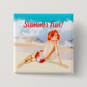 Custom, vintage and retro 1950s beach pin-up girl, 15 cm square badge