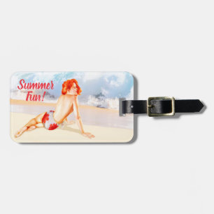 Custom, vintage and retro 1950s beach pin-up girl, luggage tag
