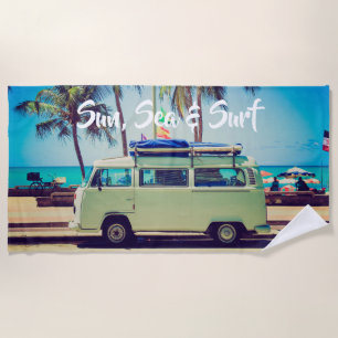 Custom, vintage beach camper bus and palm trees: beach towel