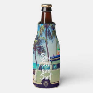 Custom, vintage beach camper bus and palm trees: bottle cooler