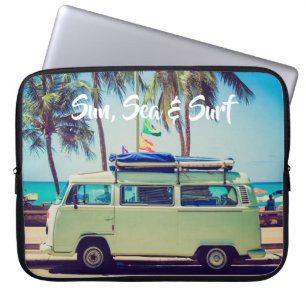 Custom, vintage beach camper bus and palm trees: laptop sleeve