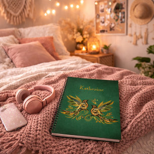 Custom Vintage Bird Floral Green Notebook
