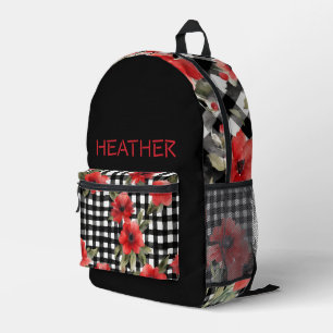 Custom Vintage Black & White Checkered Red Rose Printed Backpack