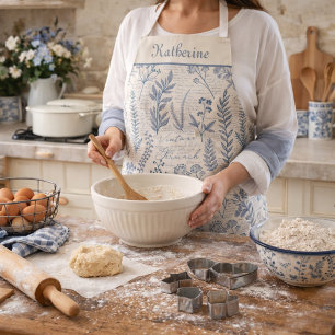 Custom Vintage Blue Wildflower French Toile Apron