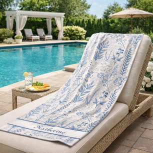 Custom Vintage Blue Wildflower French Toile Beach Towel