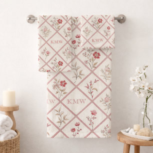 Custom Vintage Blush Pink Floral Lattice Pattern Bath Towel Set