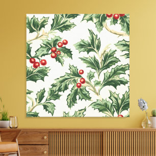 Custom Vintage Christmas Holly & Berries Pattern Canvas Print