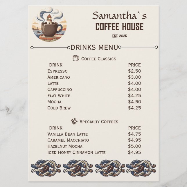 Custom Vintage Coastal Cafe Merch Menu (Front)