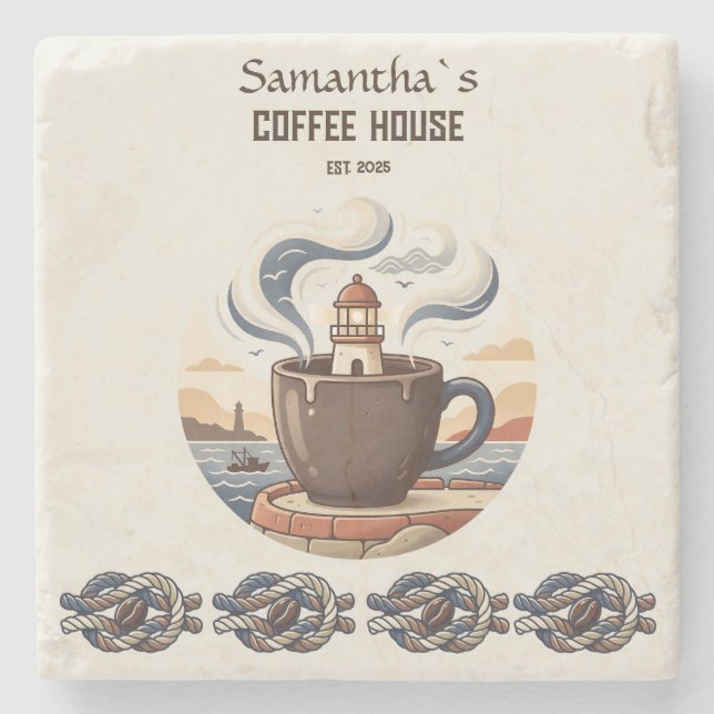 Custom Vintage Coastal Cafe Merch Stone Coaster (Front)
