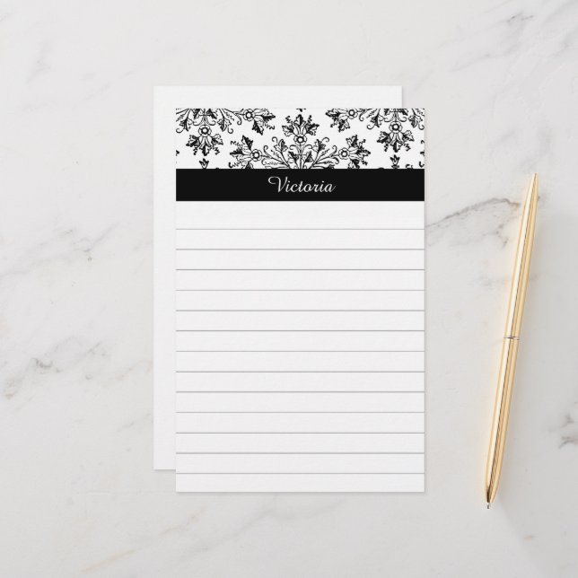 Custom Vintage Damask Floral Art Lined Stationery (Front/Back In Situ)