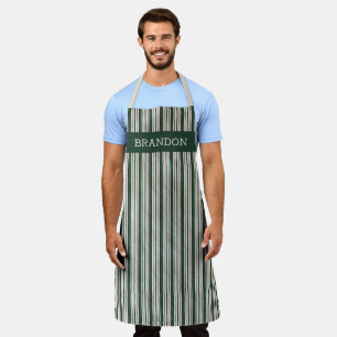 Custom Vintage Dark Green Ivory Faux Linen Stripes Apron