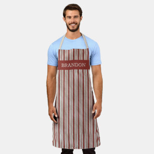 Custom Vintage Dark Red Ivory Faux Linen Stripes Apron