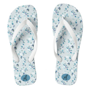 Custom Vintage Dusty Blue Floral Pattern Monogram Jandals