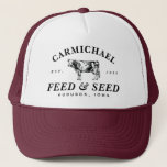 Custom Vintage Farmhouse Style Feed Trucker Hat<br><div class="desc">Classic typography and a vintage dairy cow etching help to create your own vintage feed and seed farm style logo trucker hat. Personalise the arched name text,  the year and location for a truly one of a kind gift to the serious or hobby farmer in your life.</div>