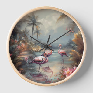 Custom Vintage Flamingo Tropical Lagoon Art Clock