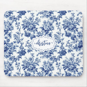 Custom Vintage Floral Navy Blue Toile Monogram Mouse Pad