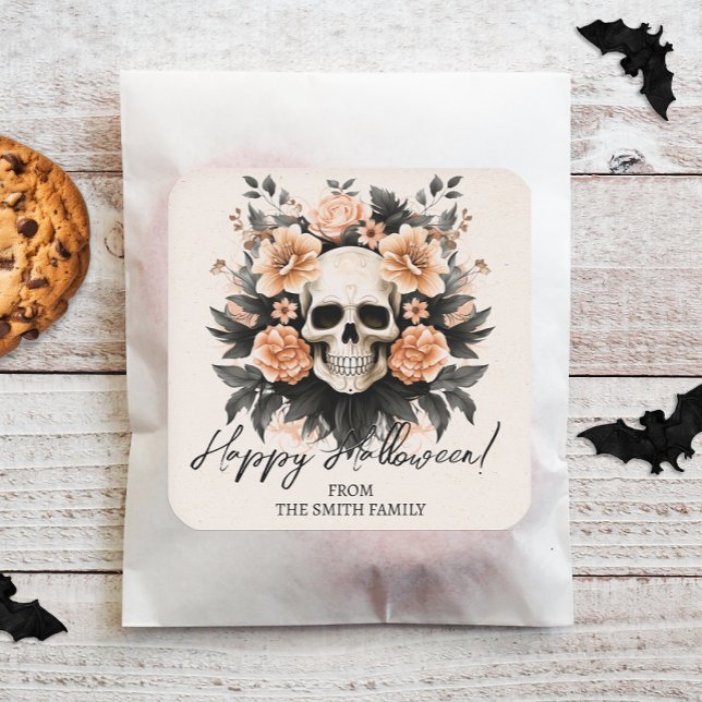 Custom Vintage Floral Skull Square Sticker (Easily personalize these spooky Halloween stickers with just a few clicks.)