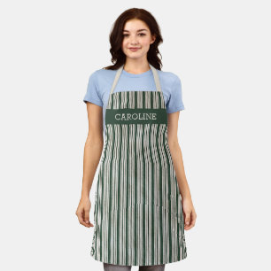 Custom Vintage Green Ivory Faux Linen Stripes Apron