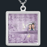 Custom Vintage Lavender Floral Photo Wedding Gift Silver Plated Necklace<br><div class="desc">Personalised Vintage Lavender/Purple Floral Photo Wedding Necklace-This beautiful silver necklace features a lavender/purple  floral vintage background with a white dove hovering next to a photo of the bride and groom. Great bridal gift idea for every member of the wedding party!</div>